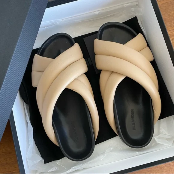 Jil Sander Beige Padded Leather Cross Strap Sandals - Picture 1 of 7